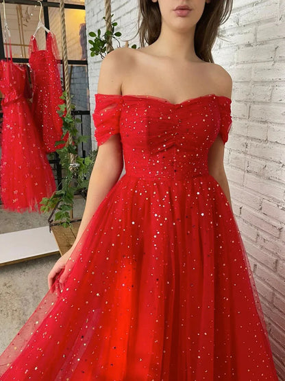 A Line Red Long Off The Shoulder Prom Dresses With Sequins