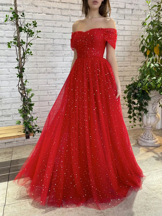 A Line Red Long Off The Shoulder Prom Dresses With Sequins