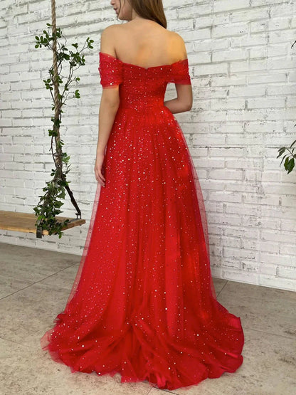 A Line Red Long Off The Shoulder Prom Dresses With Sequins