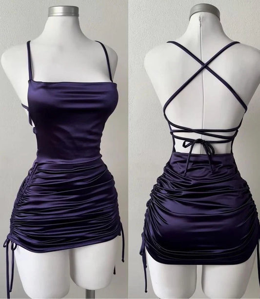 Beaira Pretty Sheath Straps Navy Blue Short Prom Dresses Backless Homecoming Dress