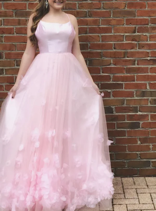 Spaghetti Straps Prom Dresses Scoop Long Cheap Dance Dress With Flowers