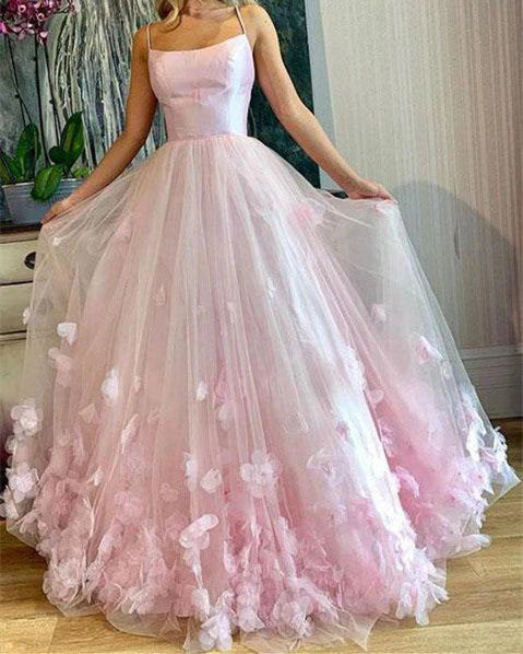 Spaghetti Straps Prom Dresses Scoop Long Cheap Dance Dress With Flowers