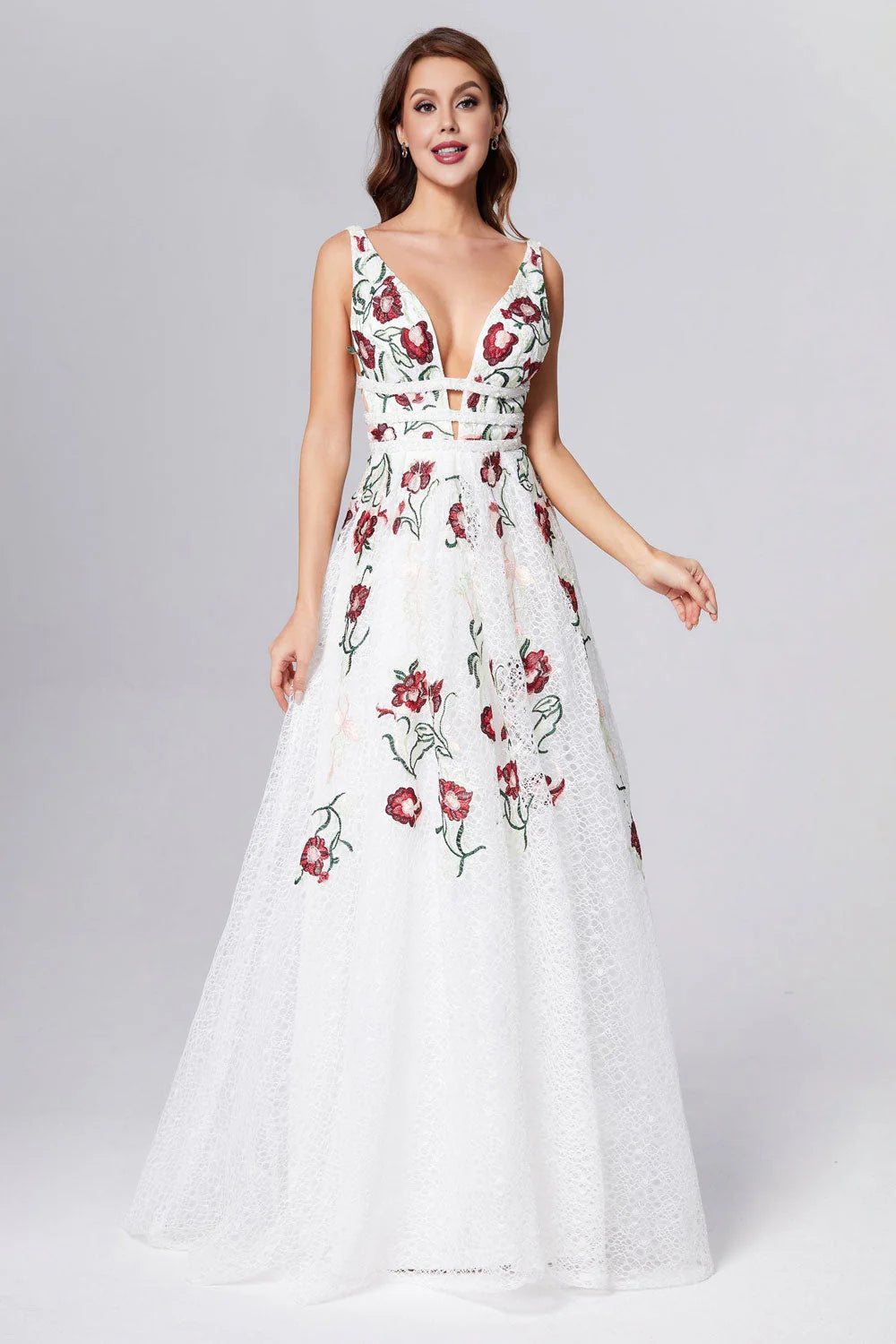Princess Straps V Neck Lace Prom Dresses With Floral