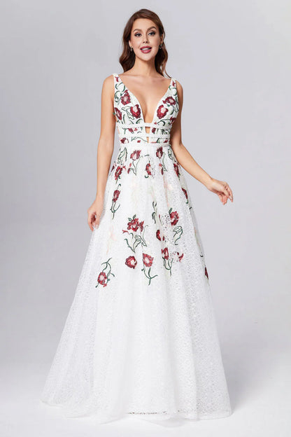 Princess Straps V Neck Lace Prom Dresses With Floral