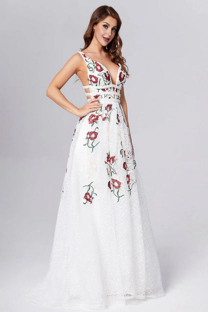 Princess Straps V Neck Lace Prom Dresses With Floral