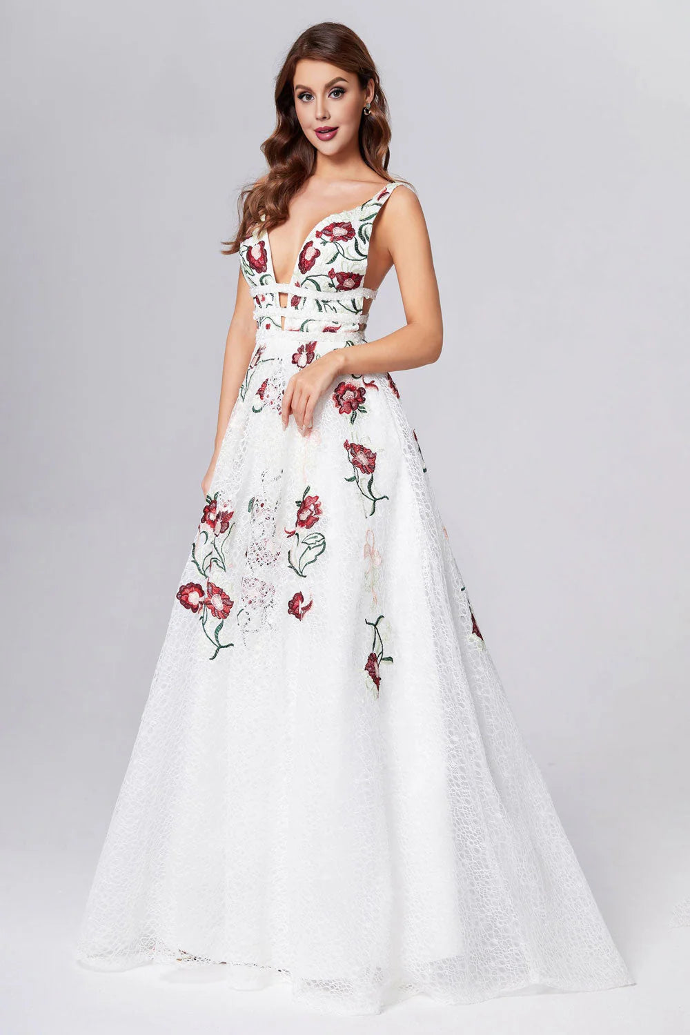 Princess Straps V Neck Lace Prom Dresses With Floral