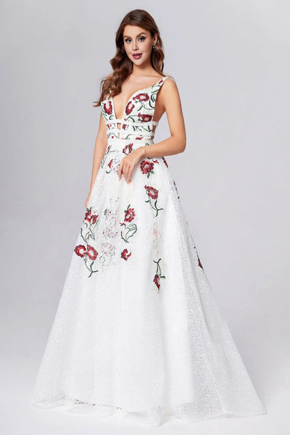 Princess Straps V Neck Lace Prom Dresses With Floral