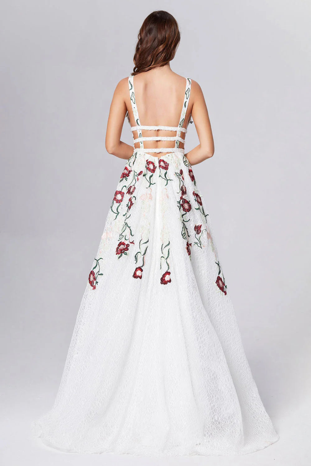 Princess Straps V Neck Lace Prom Dresses With Floral