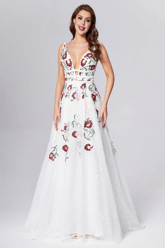 Princess Straps V Neck Lace Prom Dresses With Floral