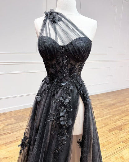 A-Line One Shoulder Sweep Train With Appliques