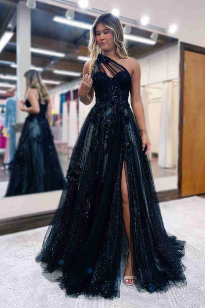 A-Line One Shoulder Sweep Train With Appliques