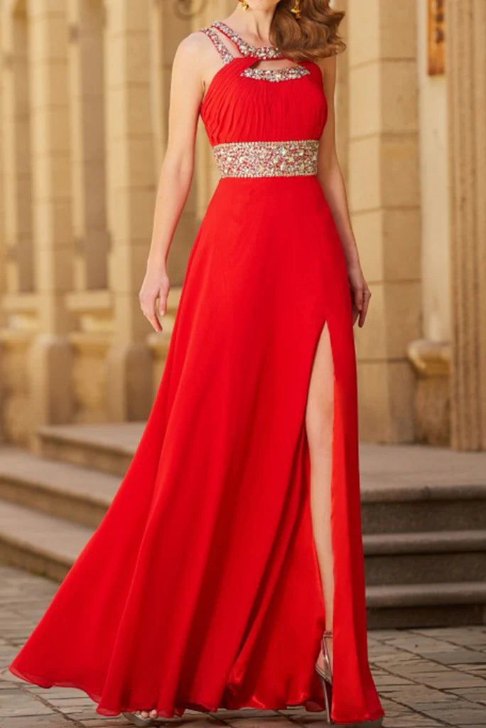 Prom Dresses Scoop A Line Floor-Length Open Back Chiffon With Beading