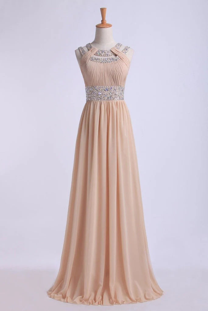 Prom Dresses Scoop A Line Floor-Length Open Back Chiffon With Beading