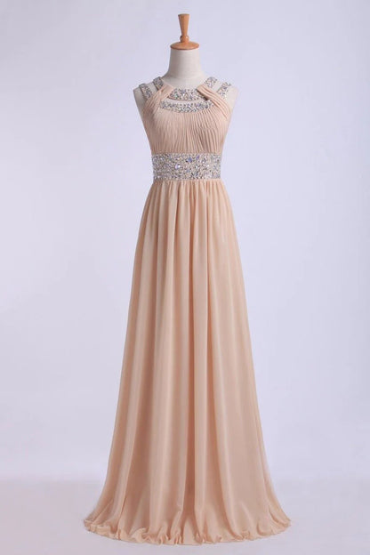 Prom Dresses Scoop A Line Floor-Length Open Back Chiffon With Beading