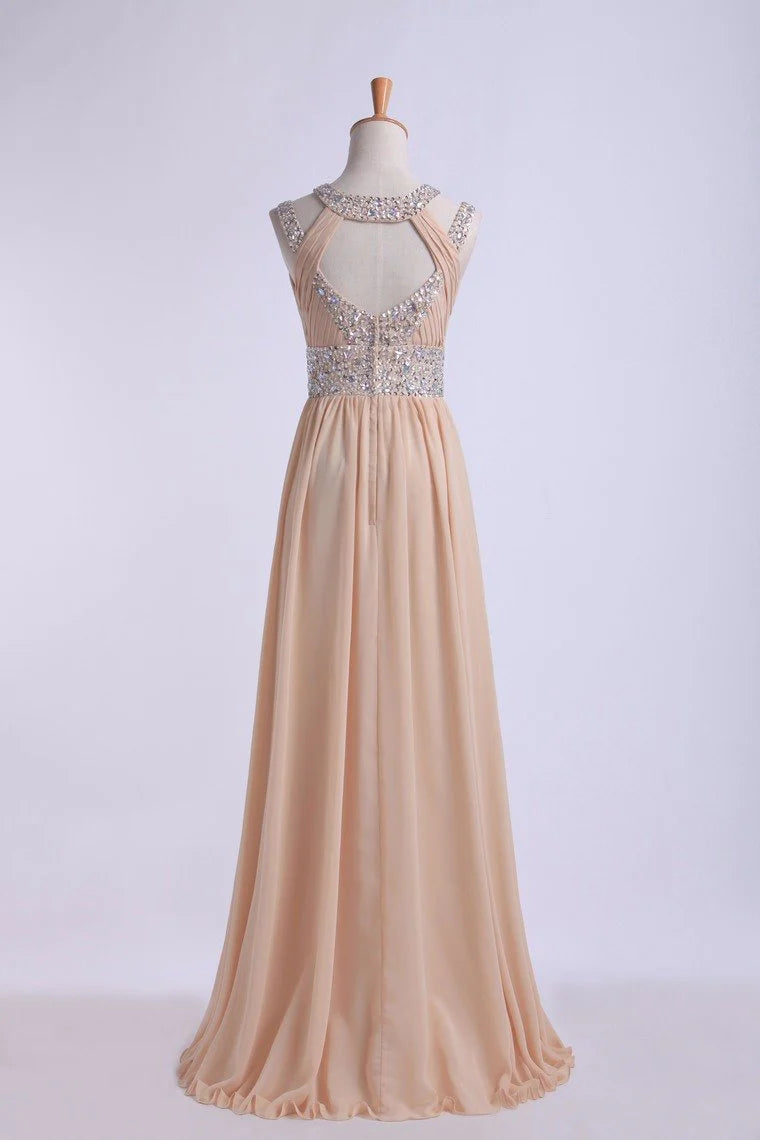 Prom Dresses Scoop A Line Floor-Length Open Back Chiffon With Beading