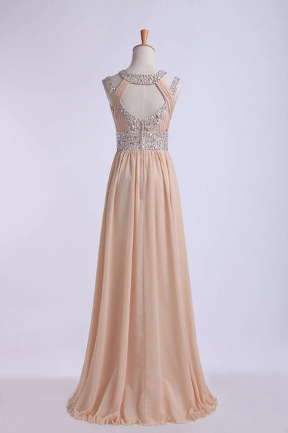 Prom Dresses Scoop A Line Floor-Length Open Back Chiffon With Beading