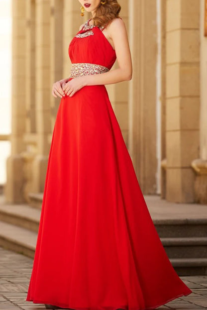 Prom Dresses Scoop A Line Floor-Length Open Back Chiffon With Beading