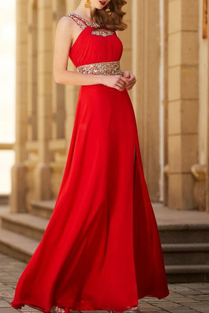 Prom Dresses Scoop A Line Floor-Length Open Back Chiffon With Beading