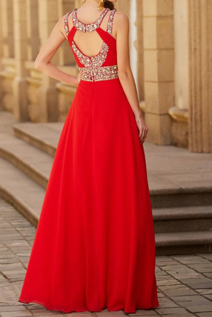 Prom Dresses Scoop A Line Floor-Length Open Back Chiffon With Beading
