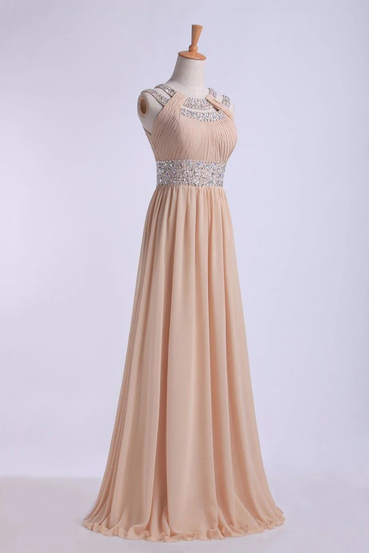 Prom Dresses Scoop A Line Floor-Length Open Back Chiffon With Beading