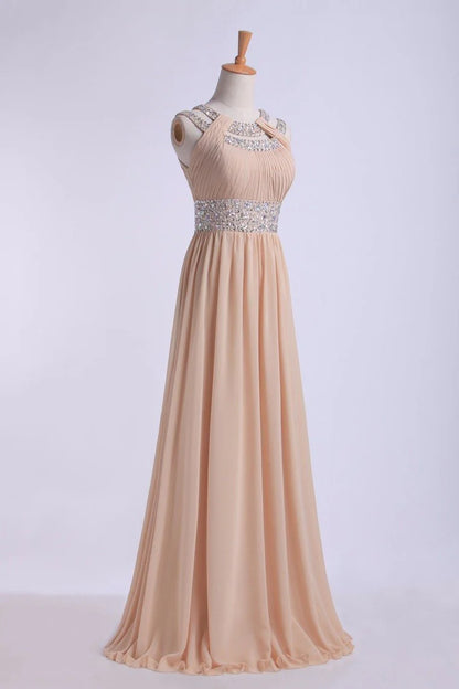Prom Dresses Scoop A Line Floor-Length Open Back Chiffon With Beading