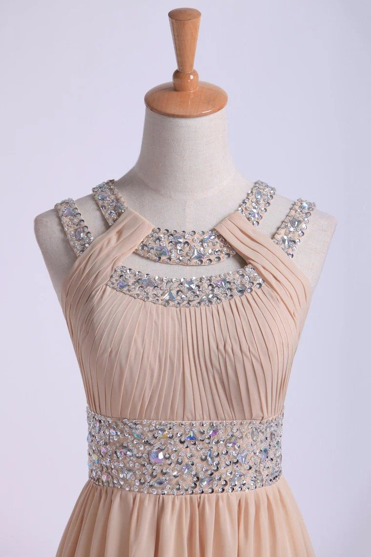 Prom Dresses Scoop A Line Floor-Length Open Back Chiffon With Beading