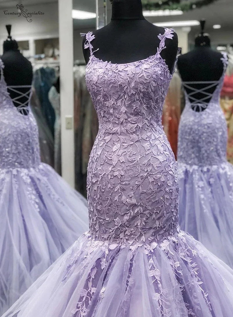 Purple Spaghetti Straps Tulle Scoop Prom Dresses Mermaid With Applique