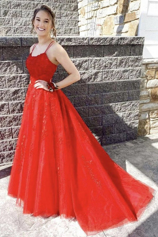 Appliques Spaghetti Straps Prom Dresses