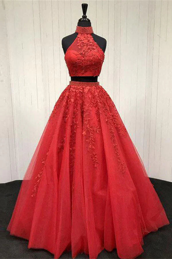 A Line Beaded Appliqued Floor-Length Tulle Prom Dresses