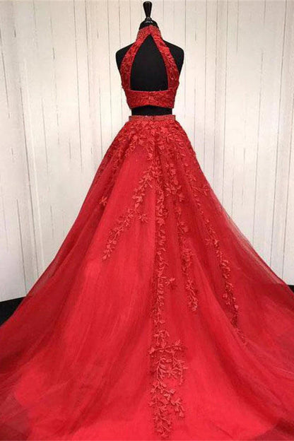 A Line Beaded Appliqued Floor-Length Tulle Prom Dresses