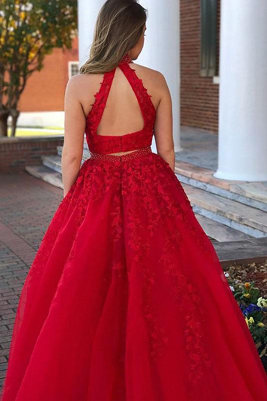 A Line Beaded Appliqued Floor-Length Tulle Prom Dresses