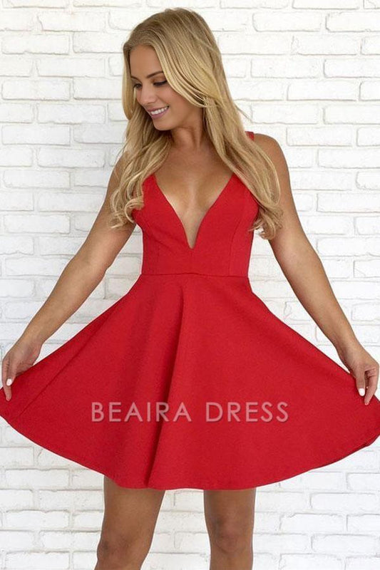 Beaira A-line Red Straps Satin Backless Short Prom Dress Homecoming Dress formal wear dresses