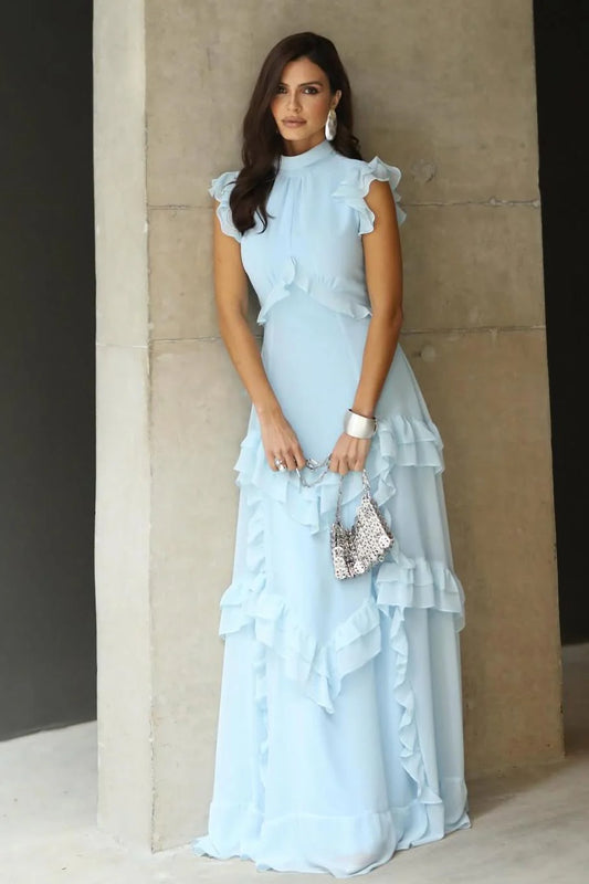 Romantic A-Line High Neck Ruffled Sky Blue Floor-Length Evening Dress