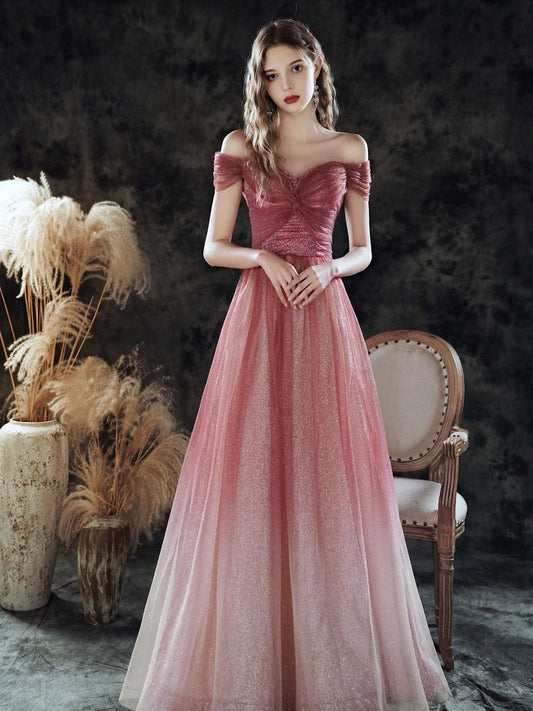 Romantic A-Line Off-the-Shoulder Glitter Ombre Pink Evening Dress