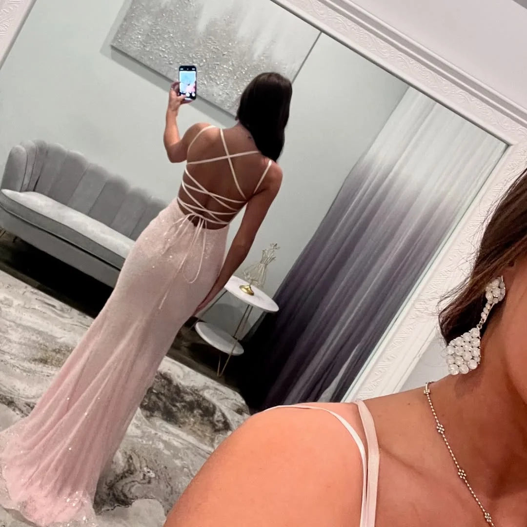 Romantic Mermaid Spaghetti Strap Sequin Blush Maxi Prom Dress