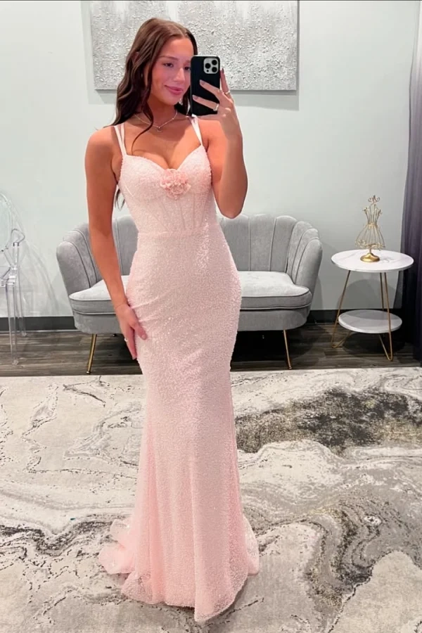 Romantic Mermaid Spaghetti Strap Sequin Blush Maxi Prom Dress