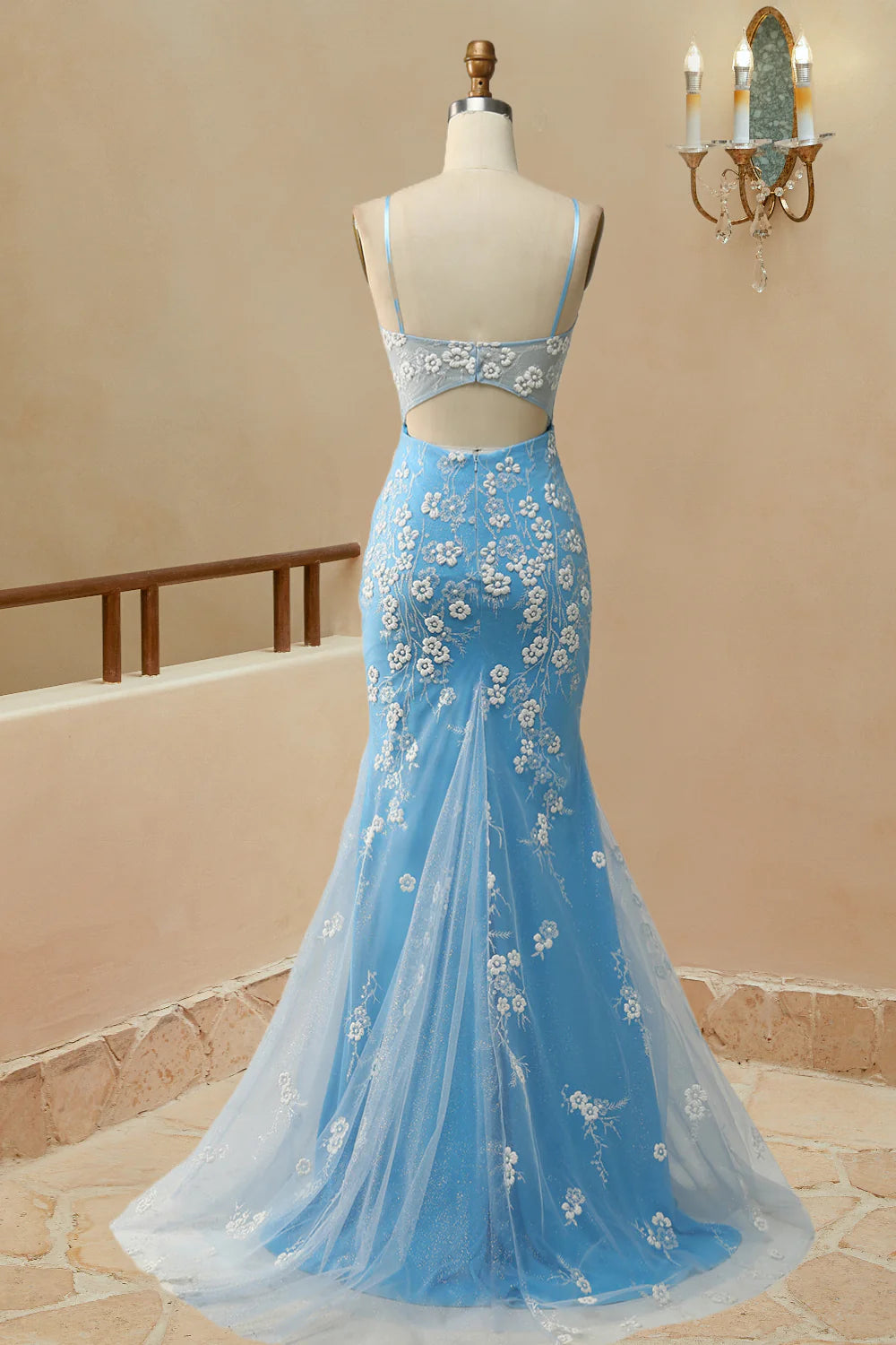 Romantic Spaghetti Straps Mermaid Open Back Slit Prom Dress With Appliques