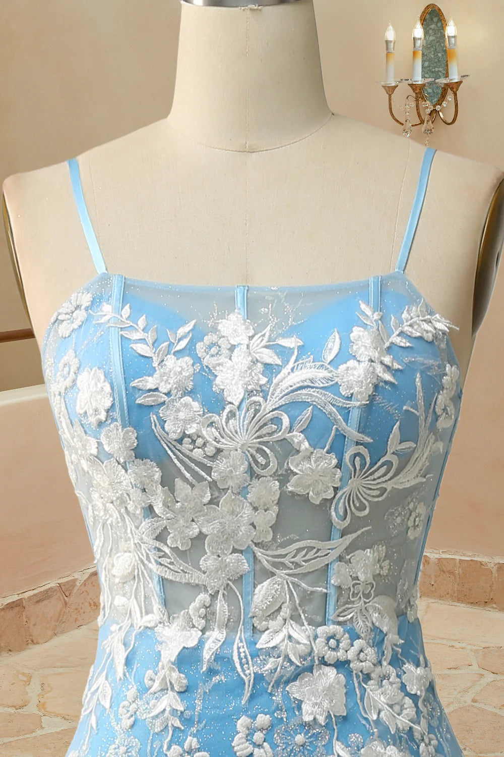 Romantic Spaghetti Straps Mermaid Open Back Slit Prom Dress With Appliques