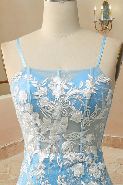 Romantic Spaghetti Straps Mermaid Open Back Slit Prom Dress With Appliques