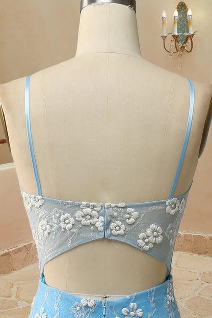 Romantic Spaghetti Straps Mermaid Open Back Slit Prom Dress With Appliques