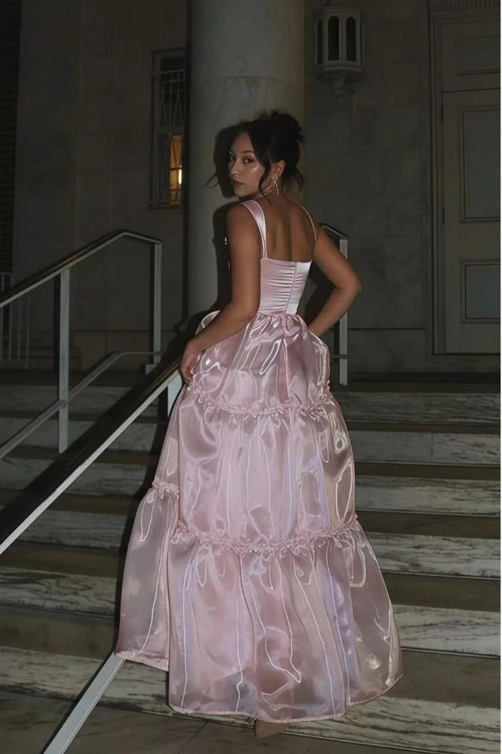 Romantic Square Neck Tiered Blush Pink Floor-Length Prom Dress
