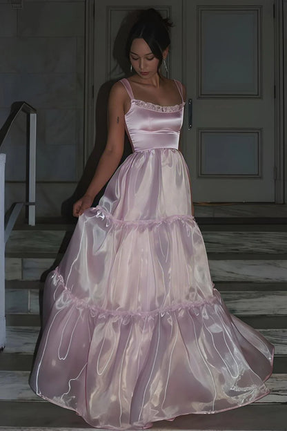 Romantic Square Neck Tiered Blush Pink Floor-Length Prom Dress