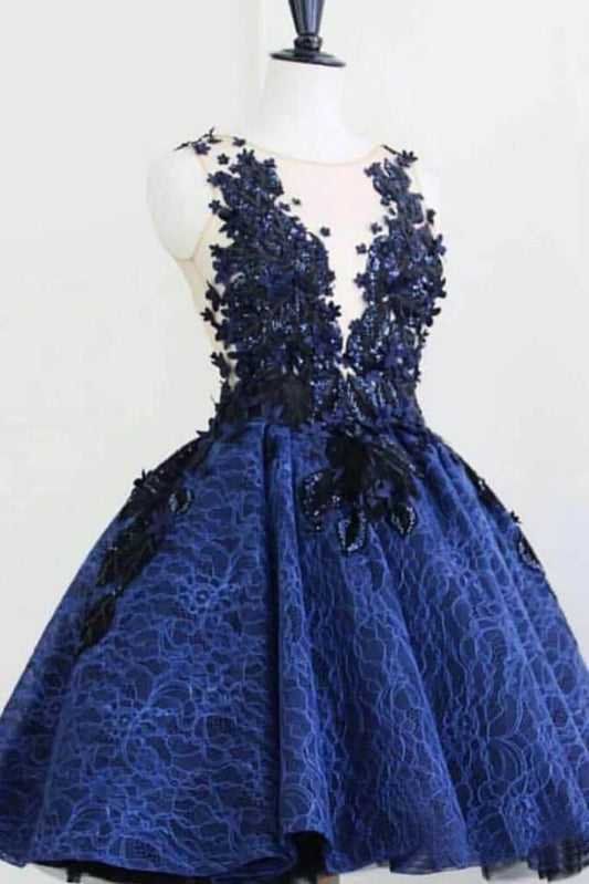 Royal Blue Lace Appliques Short Cocktail Dresses Vintage Above Knee Homecoming