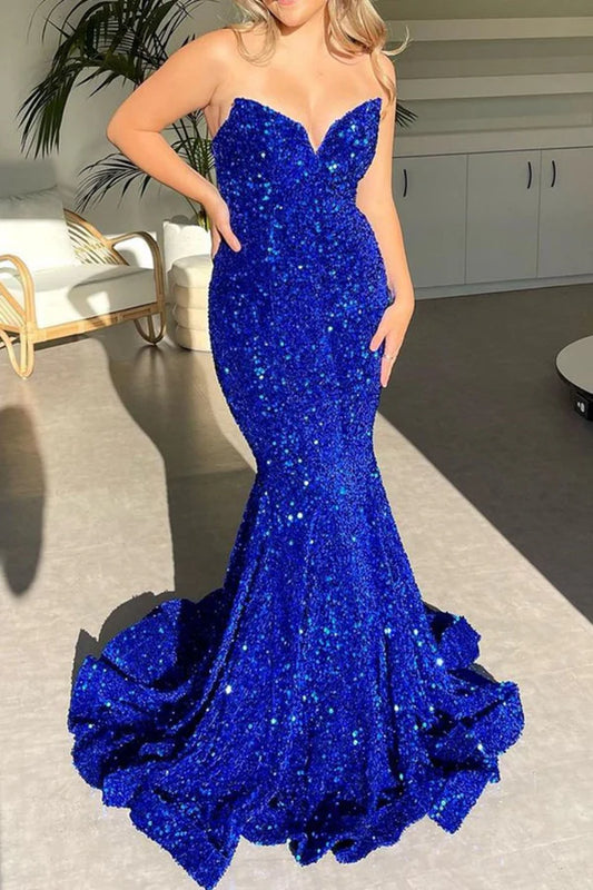 Beaira Royal Blue Sparkly Sequin Strapless Long Corset Prom Dress - Royal Blue