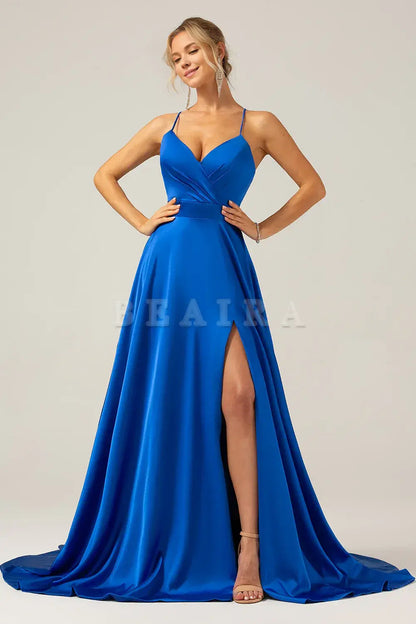 Beaira Royal Blue A Line V Neck Pleated Satin Maxi Dress with Slit Bridesmaid dress shop
