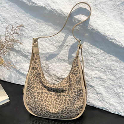 Beaira Women Suede Crossbody Bag Leopard Print Shoulder Bag Tote Bag with Multi-Pocket Handbag Adjustable Strap Hobo Bag Messenger Bag
