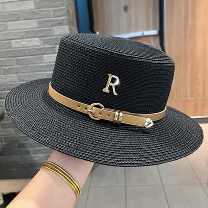 Beaira Summer Flat Top Straw Hats for Women New Metal R Letter Fashion Beach Sunshade Visors Sun Hat Females Travel Holidays Boater Hat
