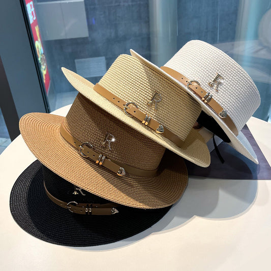 Beaira Summer Flat Top Straw Hats for Women New Metal R Letter Fashion Beach Sunshade Visors Sun Hat Females Travel Holidays Boater Hat