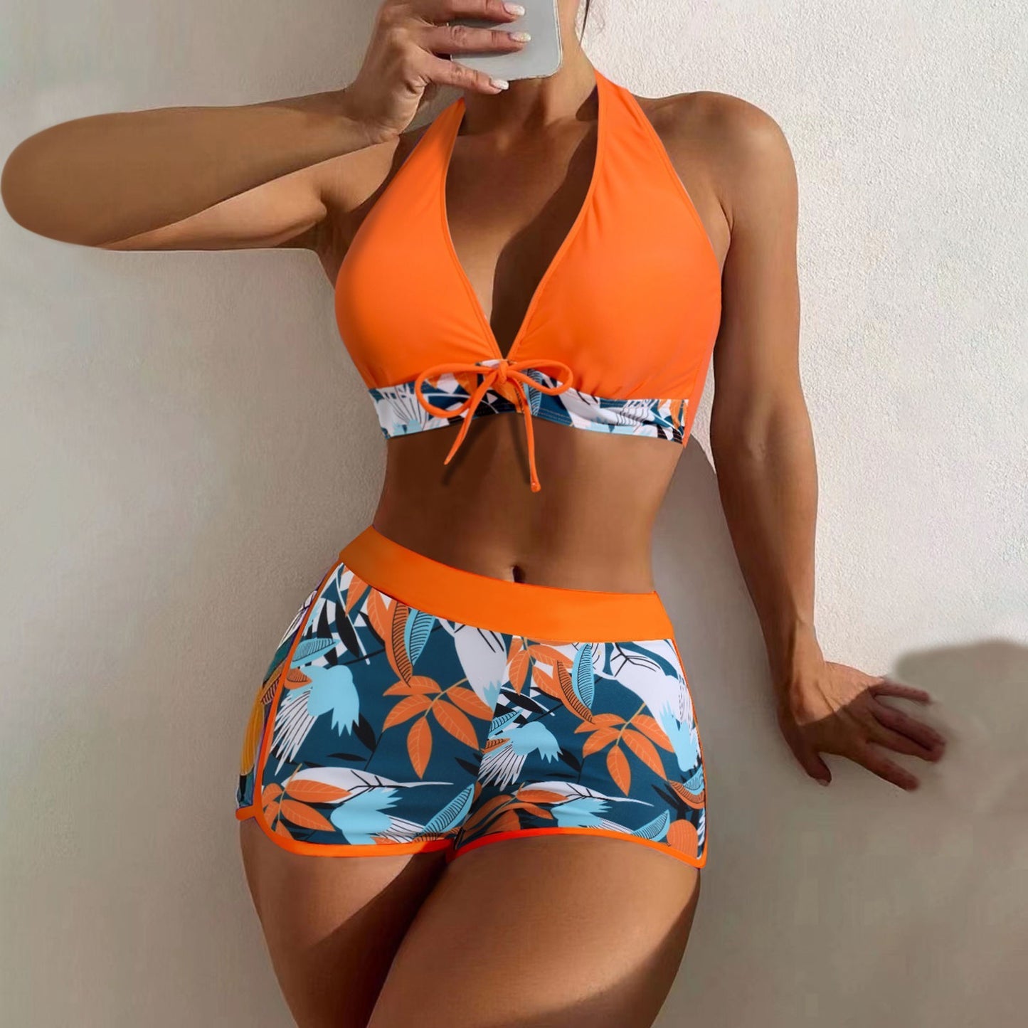 Beaira Shorts Bikinis Set High Waist Swimsuit Women Swimwear 2 Pieces Plant Print Bathers Bathing Swim Suit Beachwear