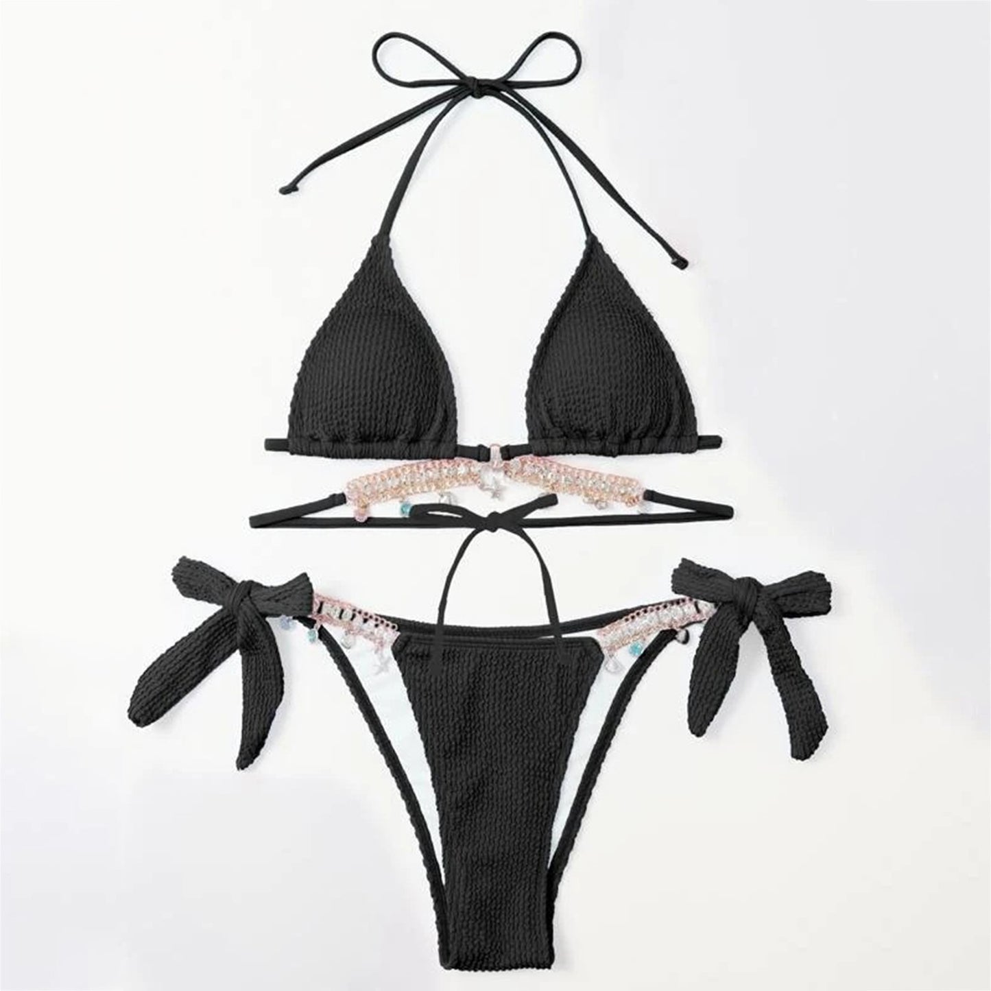 Beaira Sexy Luxury Bikini Women Crystal Rhinestones Push Up Micro Swimsuit Neon Yellow Metal Chain Diamond High Cut Thong Swimwear